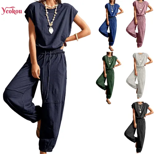 Yeokou Women's Soft Comfortable Lightweight Cotton Casual Overalls - Crewneck, Cap Sleeve, Drawstring Waist, Everyday Jumpsuit with Pockets