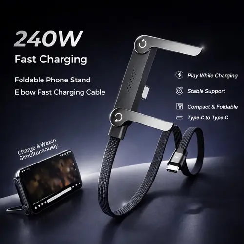 Invisible Stand Type-C Charger Cable - 240W Super Fast Charging 2-in-1 Electronic Cord with Cellphone Holder for Mobile Devices, Car Accessories, Gaming, Office, Charging Cable Kit, Phone Stand