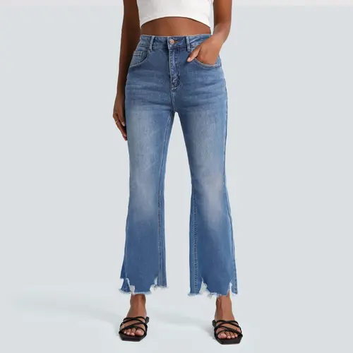 FireSwan Women's High Rise Cropped Bootcut Jeans in Stretch Denim, Relaxed Fit Raw Hem Trouser for Casual Streetwear, Lady, Bottom, Women's Clothes, Pants For Women,sohochic