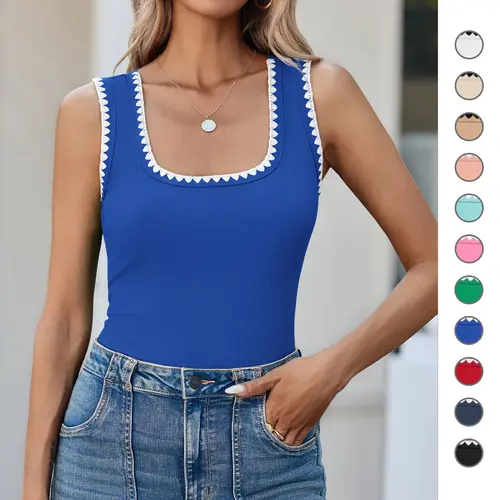 Yousify Women's Square Neck Ribbed Color Block Tank Tops - 2026 Summer Sleeveless Slim-Fitted Comfortable Breathable Cotton Tops for Vacation, Workout, Back to School Shopping