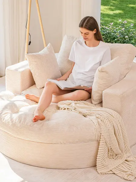 MAXYOYO Oversized Round Chaise Lounge Sofa, Upholstered Lounge Chair with 3 Pillows, Boneless Sofa Couch with Ottoman, Deep Seat Sleeper Chair for Living Room, Bedroom, No Assembly, SohoChic