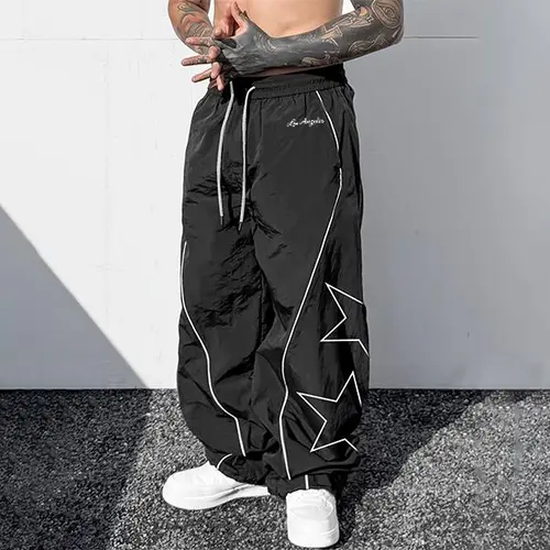 Men's Printed Loose Fit Wide Leg Baggy Pants - Menswear Casual Fashion Trousers, Stylish White Star & Letter Print, Contrast Stitching, Fashion Streetwear, Soft Fabric, Everyday Outfit,sohochic