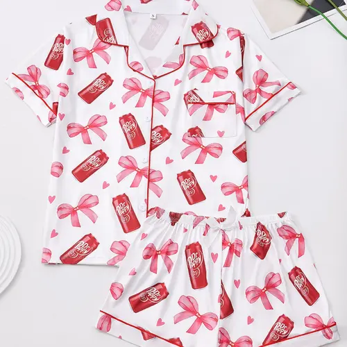 Women's Elegant Soft Fabric Short Sleeve Dr Pepper Print Collared Sleepwear Loungewear Set, Comfortable Lapel Top & Shorts Pajama Set, Pjs, Matching Pj Set, Pajama Nightwear, Lounge Pajama Style, Comfy Pajama Sets