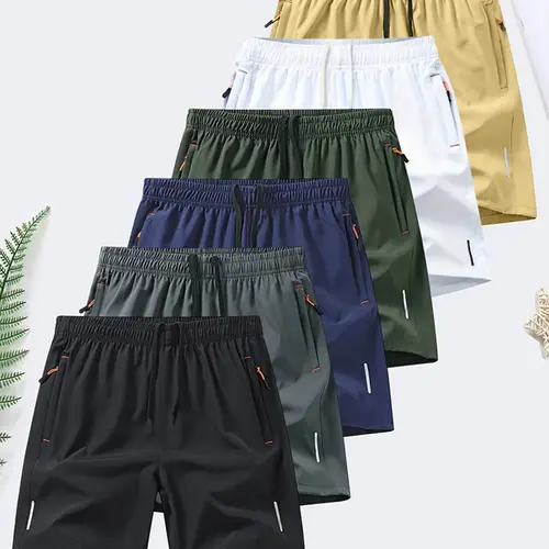 6 piece set, men's zipper pocket shorts, summer ice silk beach shorts, ice sense quick dry sports casual pants, basketball shorts thin, plus size men's clothing reflective strip design, Menswear，Plain Trouser，suitable for running and fitness. Beige,summe