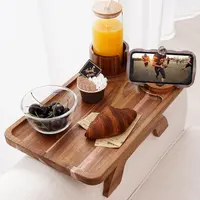 Sweetcrispy Acacia Wood Grain 3-in-1 Spring-Loaded Couch Arm Tray Table - Clip-On Sofa Accessory with Anti-Slip Pads, Stable Surface, Cup Holder, 360° Rotator Phone Holder, Ideal for TV Watching, Thoughtful Gift, Rectangle Wood Table, Fits 13.7" Arms