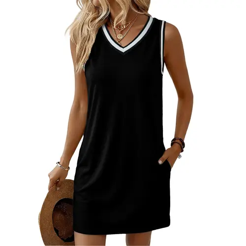 EVALESS Women's Casual Striped Summer Beach Dress Sexy V-Neck Sleeveless A-Line Swing Soft Cotton Blend with Pockets, Casual Dress, Grab-And-Go, Women's Fashion, 80% Poly, 20% Cotton Ease, Poly-Cotton Blend, Soft