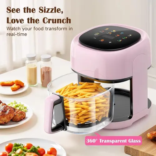Pink 5QT 8-in-1 Glass Air Fryer with Visible Window, Touch Controls, Compact Nonstick Dishwasher-Safe Basket, Small Portable Multi-Function Kitchen Appliance for Family Meals, Easy Meal Prep, TikTok Shop Back to School