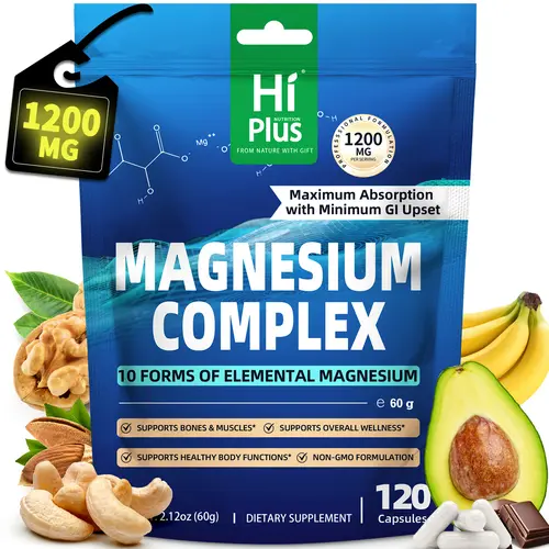 HiPlus Extra Strength Magnesium Complex Dietary Supplement - 1200 mg, 10 Essential Magnesium, 120 Capsules for Men & Women, Supports Fitness, Healthcare, Selfcare & Metabolic Health