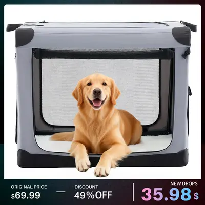Sweetcrispy Tan Fabric Soft-Sided Dog Carrier Bag with Zipper, 26/30/36/42in Portable Travel Crate, 2 Doors, 4-Side Ventilation, No-Tools Setup, Ideal for Car & Vet Visits (Medium Dog Breeds)
