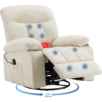 Sweetcrispy Chenille Fabric Rocker Recliner Chair - 270° Rotating Swivel Recliner with Vibration Massage, Lumbar Heating, Timer, Multiple Modes for Relaxation & Convenience in Living Room, Bedroom with Footrest