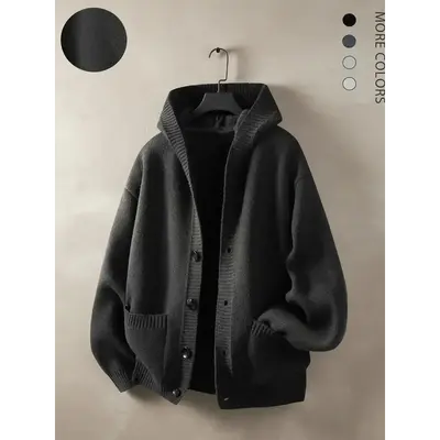 Men's hooded knit cardigan, dark color versatile design, ribbed details with double pockets, suitable for autumn casual wear, available in various colors, new trendy brand knitted sweater jacket with hooded cardigan, soft and comfortable fabric summervibe