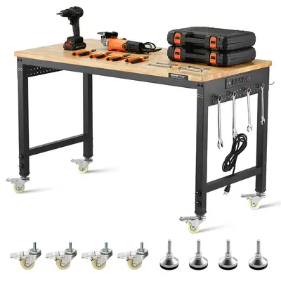 VEVOR 48-Inch Adjustable Workbench, 2000 lbs Load, Work Bench with Power Outlet, Wheels, and Pegboard, Heavy Duty Oak Wood Top Work Table for Garage, Workshop, Office, and Home,dorm room inspo,college dorm essentials,dorm haul
