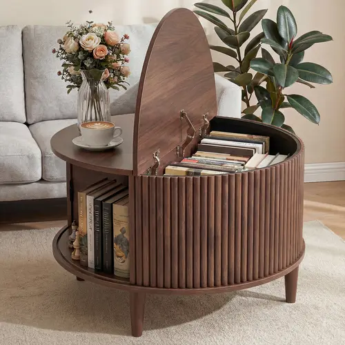 Round Coffee Table, Wood Coffee Tables for Living Room with Storage, 2-Tier Center Circle Counter with Wooded Desktop, 110 lbs Capacity, Anti-Slip Feet, Modern Farmhouse Design, Two Tier Storage