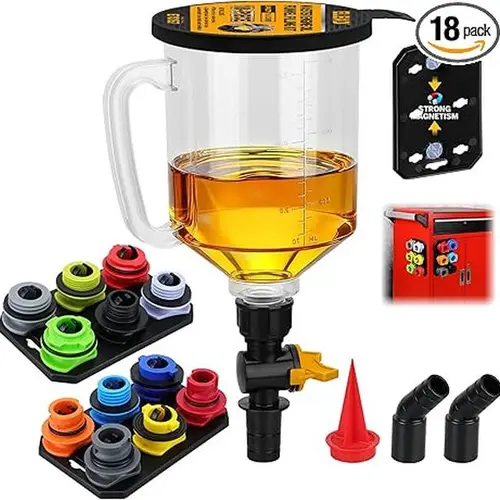 18-Piece Spill-Proof Automotive Funnel Kit - 1.59QT/1.5L Automotive Maintenance Tools, Oil Change Kit with 12 Adapters, Elbow Fitting, Arrow Screen, Magnetic Storage Tray, Portable for GM, Ford, BMW, Audi, Land Rover Car Repair,toolupgrade