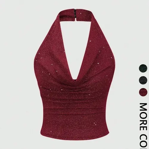 Women's Halter Neckline Top Sleeveless Sparkle Sequins Glitter Shiny Ruched Blouse Camisole - Party Outfit Essential,GlamFashion