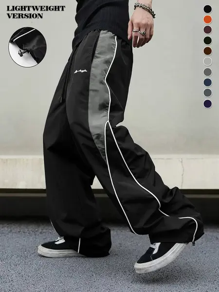 Men's high street style contrasting color splicing side striped tied wide-leg pants, American retro Los Angeles printed design loose drape sweatpants, multi-color optional thin casual pants are suitable for spring and summer wear