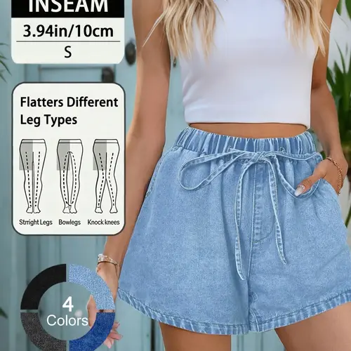 Women's Basic High-Waist Denim Shorts, Fashionable Loose-Fit Elastic Waist Wide-Leg Shorts, Casual Summer Wear