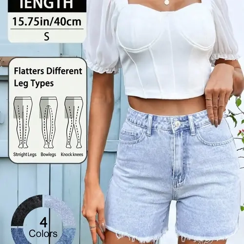 Women's High-Waisted Stretchy Denim Shorts, Basic Denim Shorts, Casual Jean Shorts, Casual Fitted Jorts, Elegant Casual Summer Wear, Fitted Plain Design, Button Fly Closure, Versatile Stylish