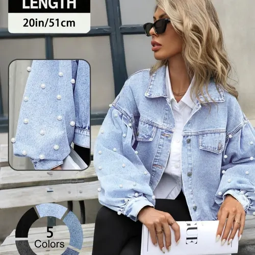 Women's Chic Loose-Fit Collared Light-Wash Denim Jacket, Faux-Pearl-Embellished Long Sleeves, Button-Front Closure, Casual Outerwear for Spring & Fall