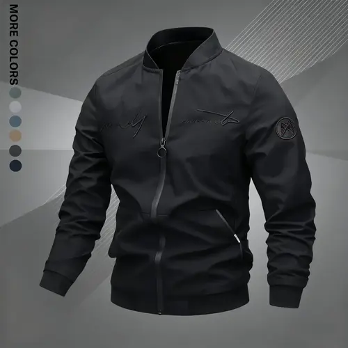 Men's Sporty Chic Pilot Zip-Up Sports Outerwear, Fitted Long-Sleeve Polyester Tops with Letter Embroidery, Zipper Front, Machine Washable Casual Coat