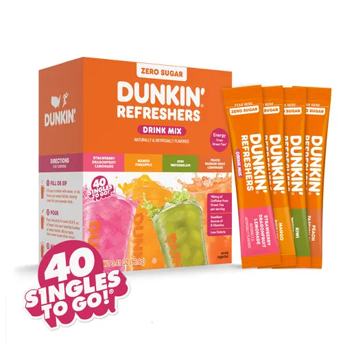 Dunkin' Refreshers 40ct Sugar-Free Singles To Go! Drink Mix Packets - No artificial dyes, Aspartame-Free, Energy From Green Tea, Drink Mix Sticks