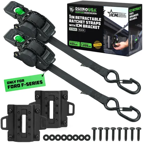 Rhino USA 1"x9' Bed-Mounted Retractable Ratchet Straps - Vehicle-Specific Truck Bed Mount - For Ford, Toyota, GM. Removable. 360° Swivel. 1,209 lb Break Strength. Compatible with Select Truck Bed Mounting Systems.