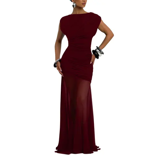 OYS Women's Elegant Sleeveless Ruched Bodycon Mesh Sheer Long Formal Evening Party Dress