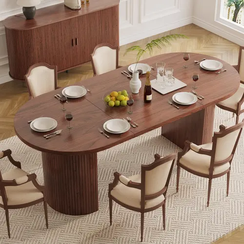 ONBRILL 70.8 Inch Dining Table for 4-6, Oval Dining Room Table with Curved Fluted Wood Strip Base, Mid-Century Modern Kitchen Tables with Footpads, Dinner Tables for Living Room, Dining Room【SohoChic】