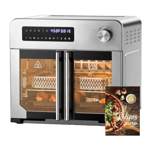 OSTBA French Door Air Fryer Toaster Oven, 24QT Extra Large 10-in-1 Countertop Convection Oven, 30% Faster Cooking, 90% Less Oil, 102 Recipes & 7 Accessories