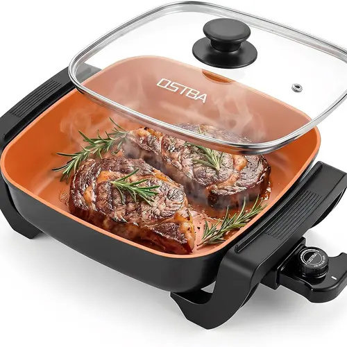 OSTBA 12x12 Inch Corded Titanium Ceramic Copper Nonstick Electric Skillet Multifunctional Cooker with Glass Lid, 1500W Power, Cool-Touch Handles, Adjustable Temperature, PTFE & PFOA Free for Family Dinners, Parties