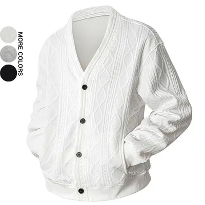 Men's Vintage Autumn V-Neck Cardigan, Knit Sweater Jacket with Unique Design, Casual Versatility, Available in Various Colors, Three-Dimensional Jacquard Double-Layer Cable Knit Pattern Cardigan, Men's Long-Sleeve Hoodless Sweatshirt, Soft and Comfortable