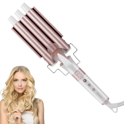 Hatteker Ceramic 3 Barrel Curling Iron - Ceramic Head Curlers & Straighteners with US Plug, Deep Waves Creator, LCD Display, Multi-Level Temp Control, PTC Heating, Anti-Scald Design for All Hair Types/Lengths, Curl Curlers & Straighteners