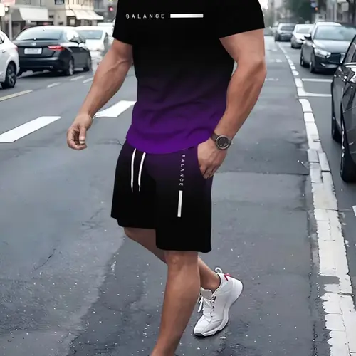 Men's Gradient Fitness Short Sleeve Set, Summer Trendy Athletic Sportswear Casual Two-Piece, Fitted Tee and Shorts, Regular Length, Athleisure Outfit, Athleisure Workout Set, Activewear Shorts Sets, Athleisure Summer Clothes