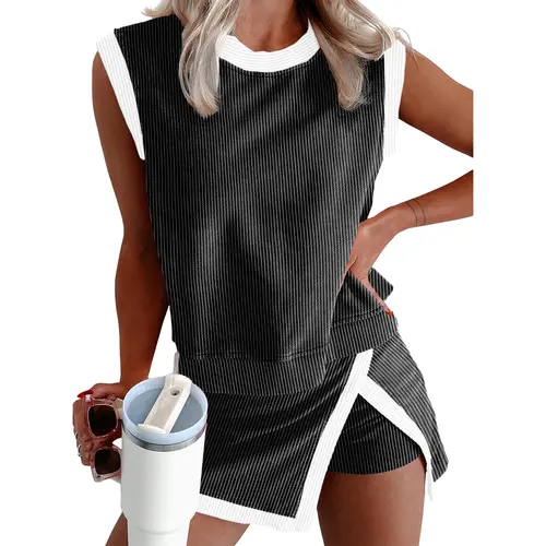 EVALESS Women's 2-Piece Sets Casual Crewneck Ribbed Sleeveless Knit Top & Split Lined Skirt Two Pieces Soft Matching Set Basic Summer Outfits 2026 WOmenswear SummerVibes  Deals For You Days summer outfits High Waisted Style Clothes Elastic Athletic Suits