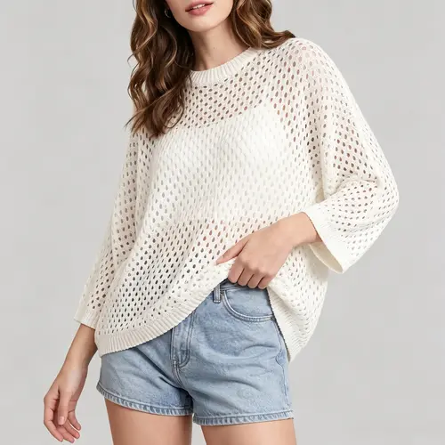 Shewin Women's Round Neck 3/4 Sleeve Open Knit Baggy Oversize Pullover - Breathable Lightweight Polka Dots Clothing, Beach Cover Up, Summer Vacation Casual Top - Do Not Dry Clean, Womenswear Knitwear, Knit Tops,sohochic