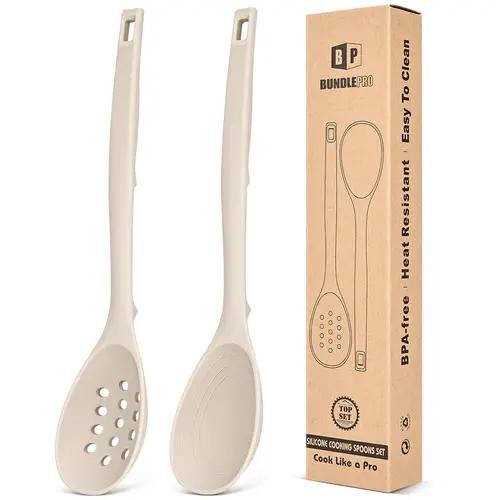 BUNDLEPRO 2-Pack Silicone Kitchen Utensils Set - Non-Stick Solid Spoon with Measuring Marks, Hanging Back Hooks & Heat-Resist Slotted Spoon for Pot Cooking, Mixing