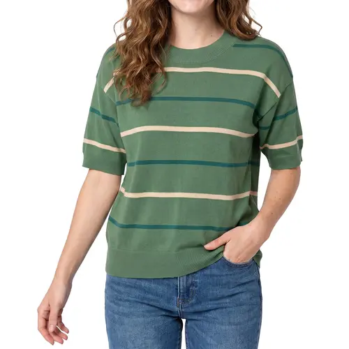 Shewin Women's Striped Knit Round Neck Shortsleeve Baggy Pullover - Ribbed Neck & Cuff, Casual Everyday Wear, Women's Clothes,back to school,back to school shopping, Tops For Women, Sweaters,clothes for back to school,first day of school outfits Womenswea