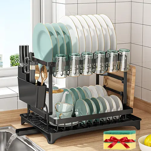 Drying Rack Kitchen, 2 Tier Dish Drying Rack, Space-Saving Large Dish Racks for Kitchen Counter with Drainboard Extendable Spout Strainers & Utensil Holder and Knife Slots