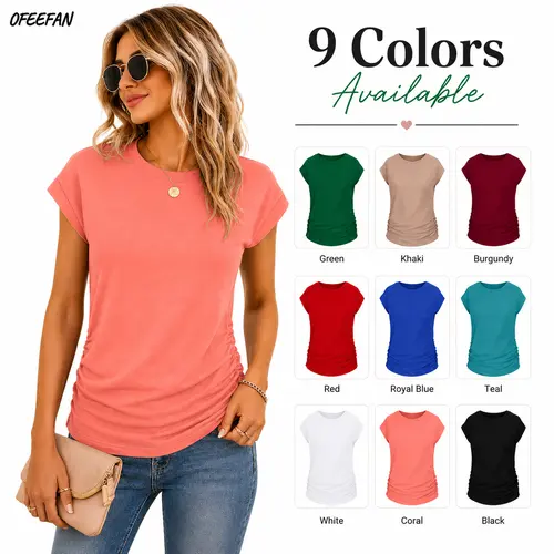 OFEEFAN Womens Summer Tops Trendy 2025 Ruched Cap Short Sleeve Tshirts Shirts Crew Neck T Shirts Fashion