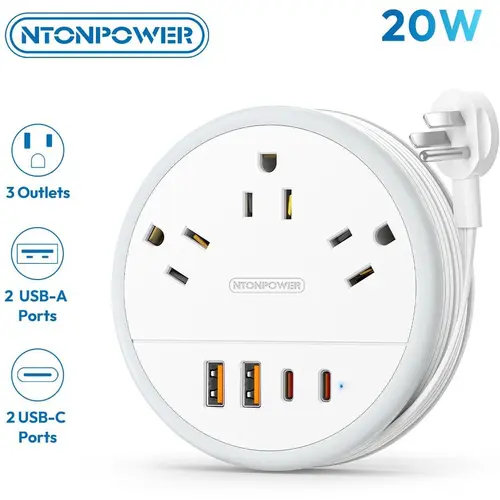 NTONPOWER Travel Power Strip Cruise Essentials approved Round Strip 3 AC Outlets 4 USB Ports (2 USB C) 20W 4FT Wrapped Around compact Extension Cord Home Office Perfect Gift for Travel Essentials Usb Multi Plug Usb Socket