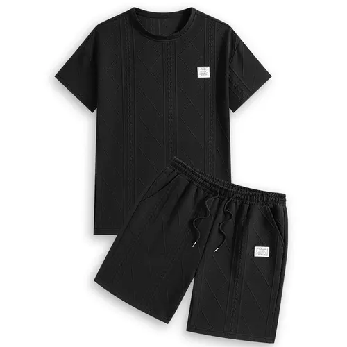 Men's 2-Piece Jacquard Athleisure Set - Round Neck Short Sleeve T-Shirt & Shorts, Breathable Fitted Cut Fabric Outfit, Summer Casual Fitness Clothes Products, Father's Day Gifts,sohochic