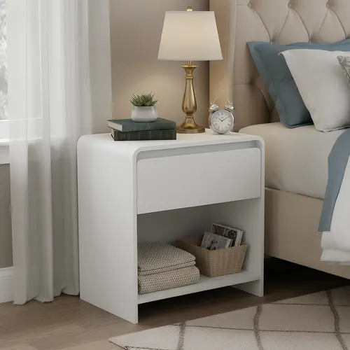 Spaco Modern Nightstand with Charging Station - 23" Width Minimalist Wood Piece, Child-Friendly Curved Dual-Use Drawer & Open Shelf, 23.62" Wide Top Fits Lamps & Frames, Easy Modern Accent Table for Small Spaces, White Bedroom Decor Side Table Furniture
