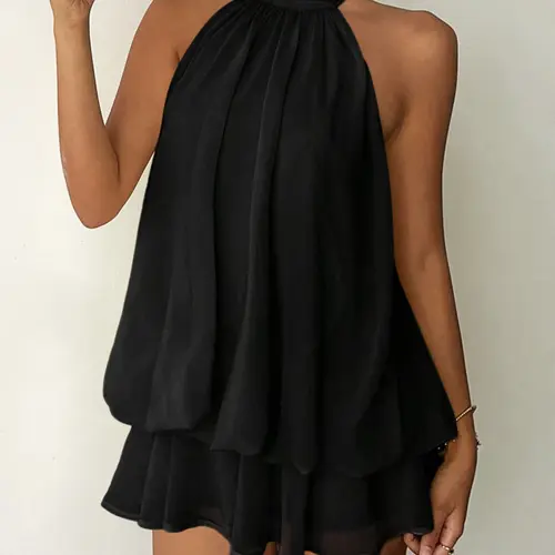 Chiffon Lightweight Halter Backless Mini Dress Casual Beach Sundress Women Sexy Solid Beach Wear Vacation Holiday Ruffles Summer Dress