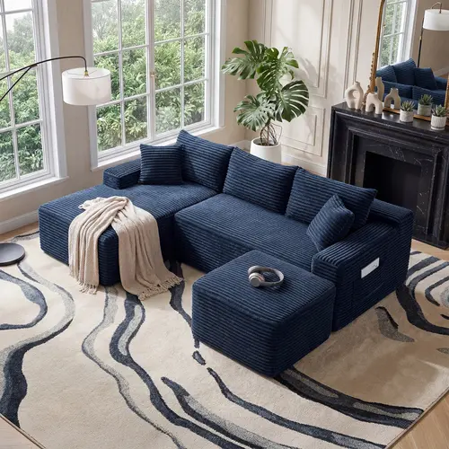 [2-Piece Set] Niccae 95-Inch Luxury Corduroy "Cloud-Like" Modular Armless Sofa (Includes Chaise & Ottoman), No Assembly Required — Flexible L-Shaped/U-Shaped Modular Configuration — Premium Corduroy Fabric; Ideal for Living Rooms and Apartments,sohochic
