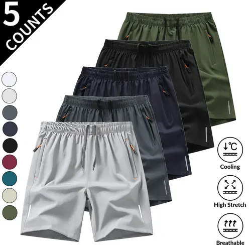 Men's 5-Pack Solid Color Zipper Pocket 3-Quarter Shorts - Summer Casual Activewear Sportswear, Comfortable Breathable Gym Shorts, Sneakers-Compatible Everyday Menswear Plain Tropical Beige Bottoms