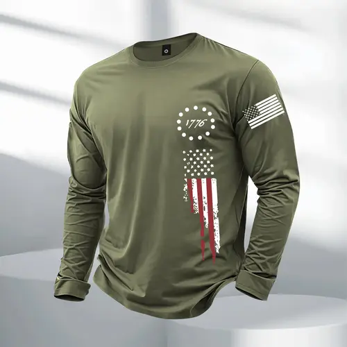 2026 Men's Long Sleeve T-Shirt - American Street Bold Flag Print, All-Season Outdoor Sport Fit, Workout-Ready Tee for Boyfriend-Approved Style