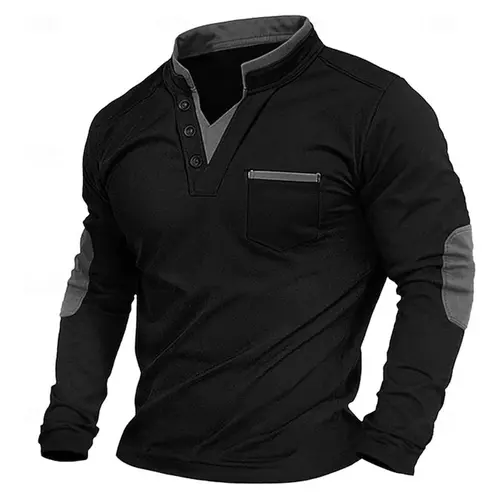 Men's Mock Neck Knitted Polo Shirt - Men's Clothing, Fake 2-Piece Layered Design, Elbow Details, Versatile for Business Casual & Travel, Spring Autumn Winter Top