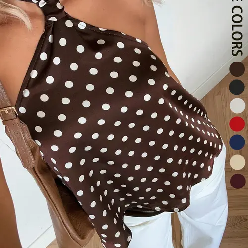 Women's Chocolate Brown Halter Tie Polka Dot Top, Elegant Chic Halter Neck Sleeveless Tank Camisole Top for Summer Parties and Casual Outings Cami Top Camisole Tank Tops