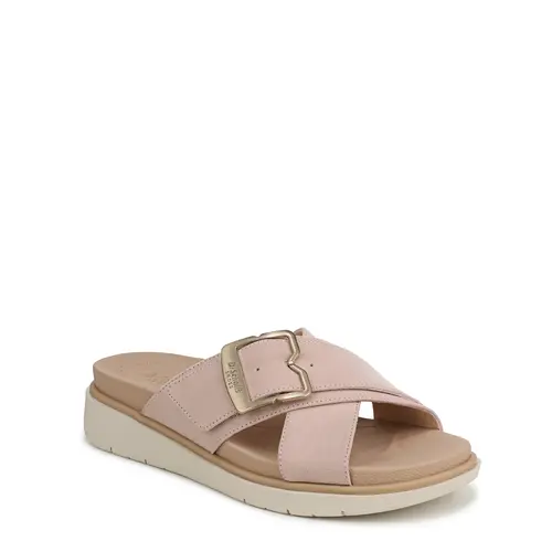Dr. Scholl's Women's Piper Microfiber Slide Sandals - Open Toe, Large Buckle, Wide Straps for Comfy Fit, Fabric Liner, 1.75" Flat Heel, Low Platform, Cushioned Insole, Flexible Sole, Easy Wear Casual Footwear