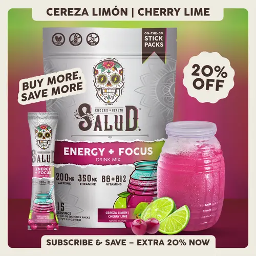 Salud 2-in-1 [Energy + Focus - Cherry Lime] Clean Energy Drink Mix, Agua Fresca, Organic Caffeine, B6 & B12, L-Theanine, Drink Packets, Non-GMO, Gluten Free, Vegan, Low Calorie, 1g Sugar (15 Servings)